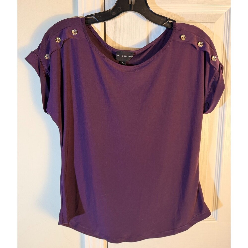 The Workshop Women's Purple Gold Button Shoulder Blouse Top Medium